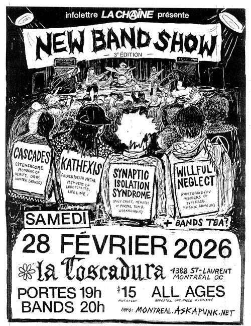 La Chaîne NEW BAND SHOW 2026. black and white drawing of punks at a show. the bands are on the punks' back patches. 